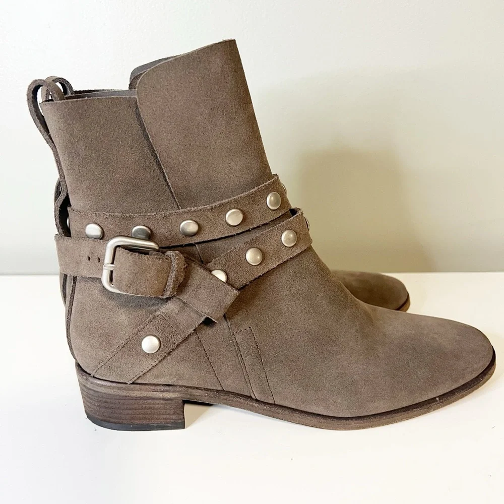 See by Chloe Neo Janis Metal Studded Buckle Suede Taupe Slip On Ankle Boot - Picture 7 of 9